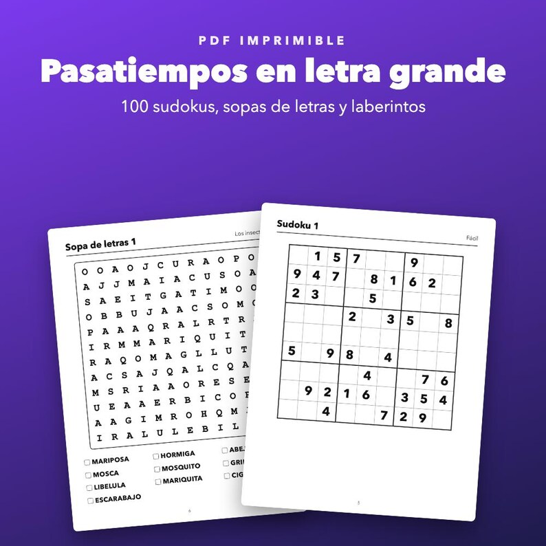 Pasatiempos en letra grande imprimibles, sudokus, sopas de letras y laberintos image 1