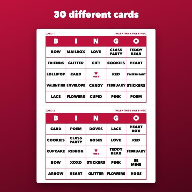 Bingo imprimible de San Valentín para niños y fiestas escolares, 30 tarjetas. imagen 2