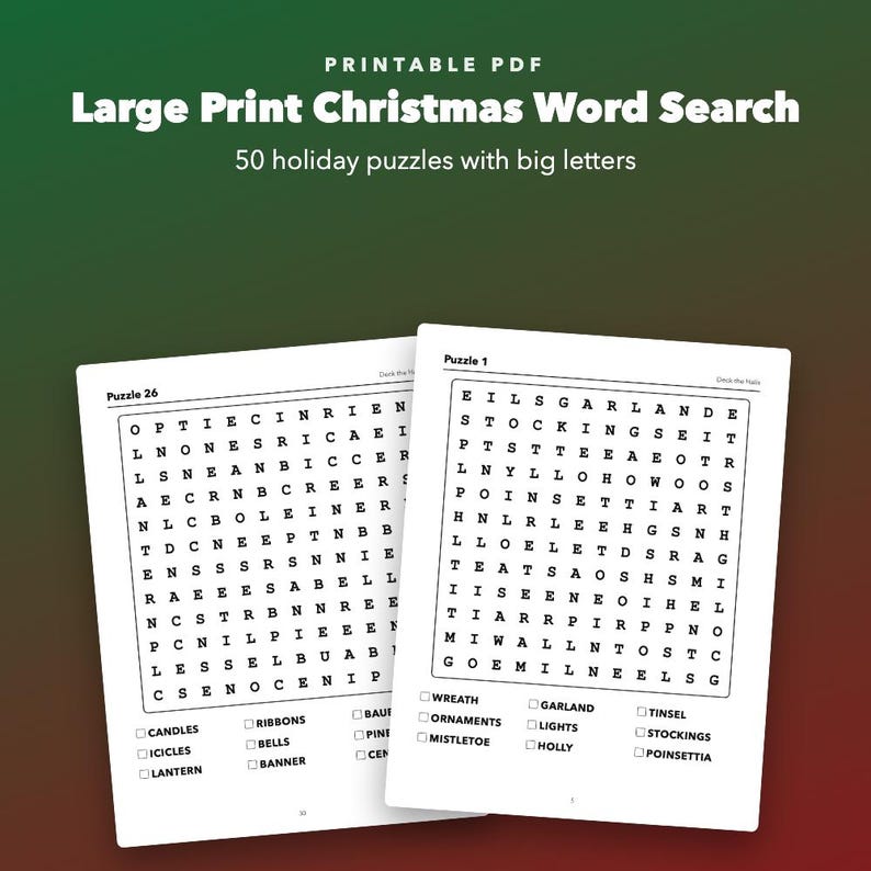 Large Print Christmas Word Search Printable for Seniors, 50 Puzzles image 1