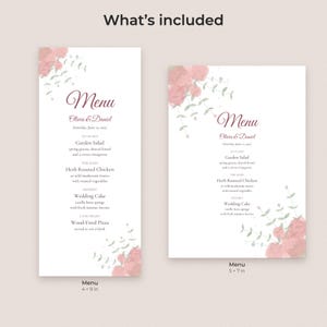 Vorlage für ein Hochzeitsmenü mit Aquarell-Blumenmuster, bearbeitbare PDF-Datei in den Formaten 4x9 und 5x7 Bild 2