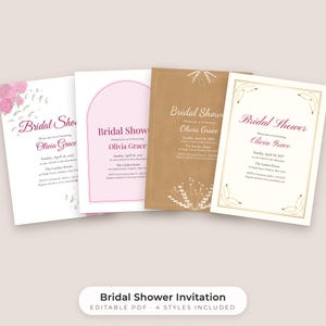 Bridal Shower Invitation Template, Editable PDF in 4 Styles, Floral Gold Rustic Modern image 1