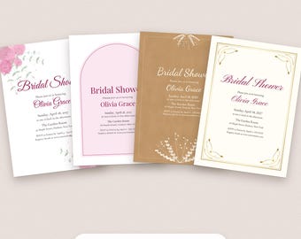 Sjabloon voor een uitnodiging voor een vrijgezellenfeest, bewerkbaar PDF-bestand in 4 stijlen: bloemen, goud, rustiek en modern.