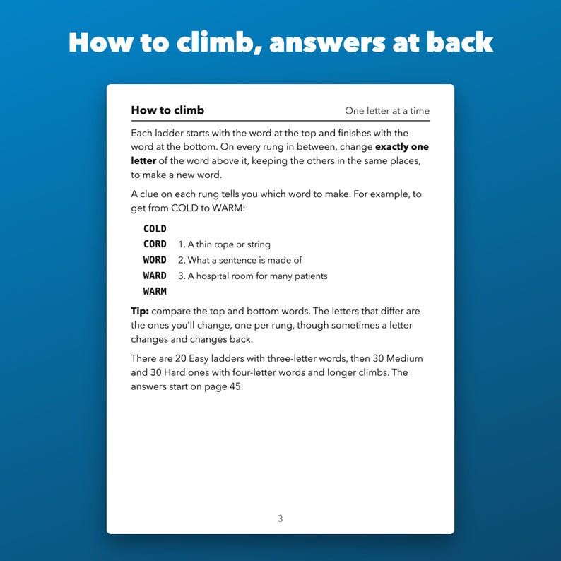 Large Print Word Ladders Printable for Seniors, 80 Puzzles with Clues image 4