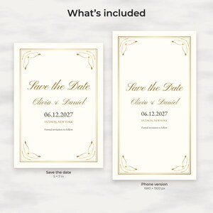 Klassieke gouden Save the Date-sjabloon, bewerkbare PDF-kaart en telefoonafbeelding afbeelding 2