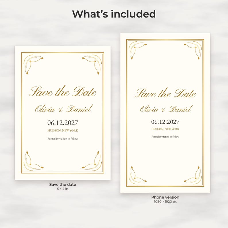 Klassieke gouden Save the Date-sjabloon, bewerkbare PDF-kaart en telefoonafbeelding afbeelding 2