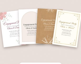 Sjabloon voor uitnodiging voor een verlovingsfeest, bewerkbaar PDF-bestand in 4 elegante stijlen