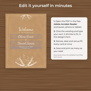 Rustiek kraftpapier welkomstbord voor bruiloft, bewerkbaar PDF-poster (18x24 inch) afbeelding 3