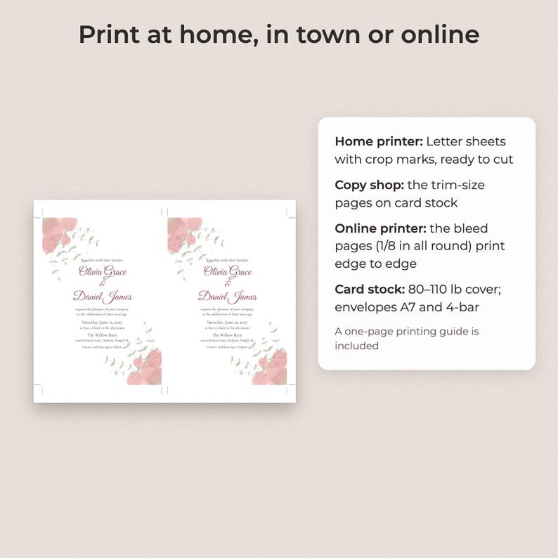 Paquete de plantillas de boda con motivos florales en acuarela, invitación editable, menú, plano de mesas y carteles. imagen 4