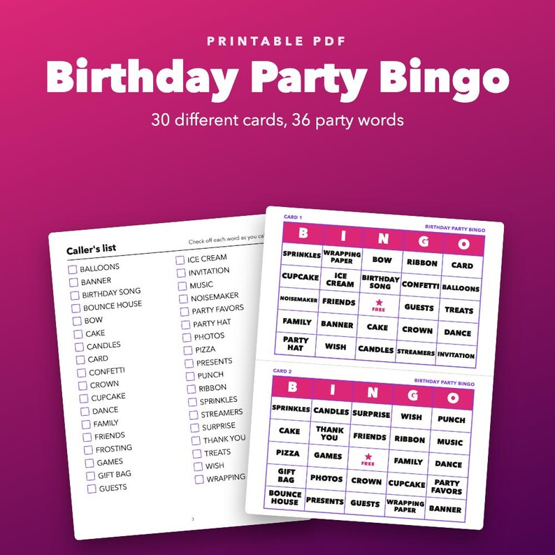 Bingo imprimible para fiestas de cumpleaños para niños y adultos, 30 tarjetas diferentes imagen 1