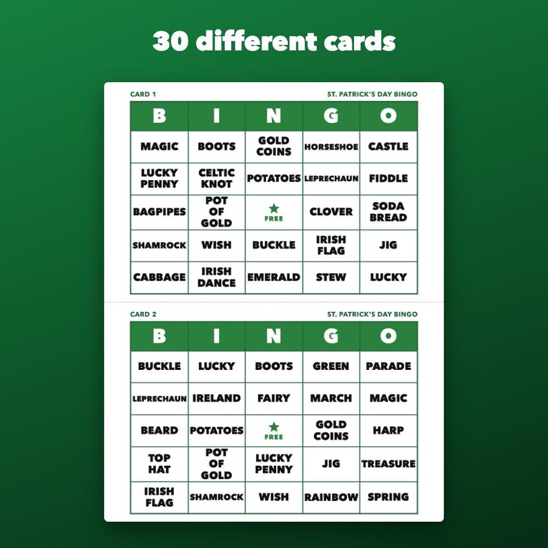 St. Patrick’s Day Bingo Printable for Kids and Classroom Parties, 30 Cards zdjęcie 2