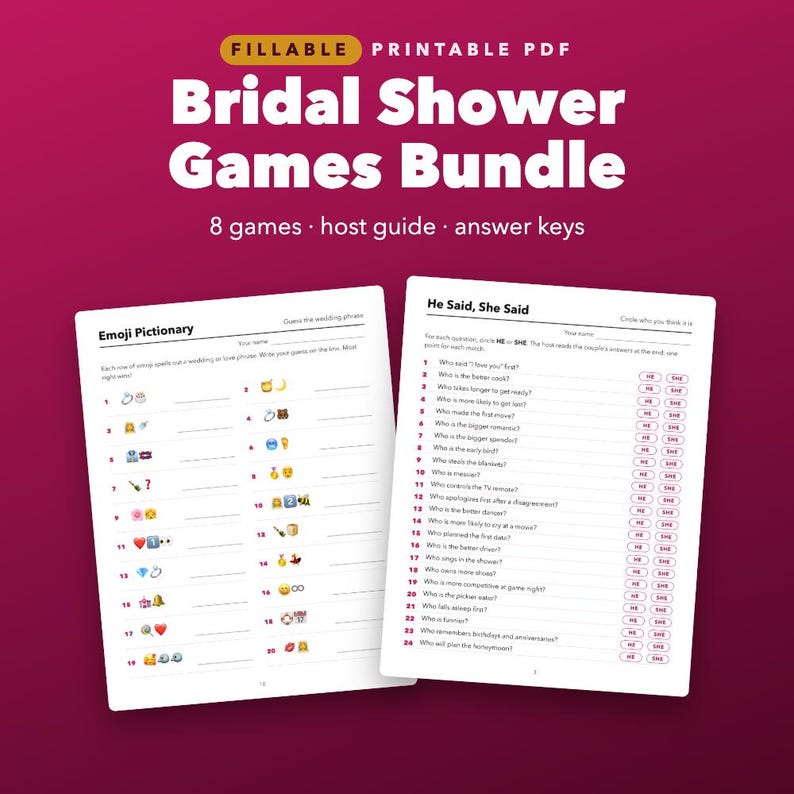 Bridal Shower Games Bundle Printable, 8 in 1 with Answer Keys and Fillable Names image 1