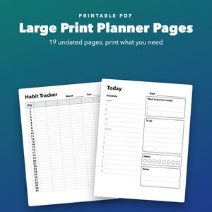 Large Print Planner Printable for Seniors, 19 Undated Pages, Habit and Bill Tracker image 1