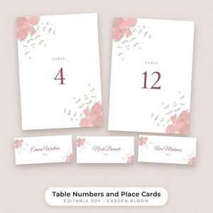 Watercolor Floral Wedding Table Numbers 1-30 and Place Cards, Editable PDF Template image 1