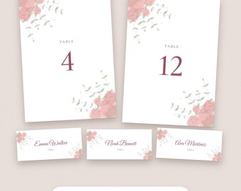 Aquarel bloemen trouwtafelnummers 1-30 en naamkaartjes, bewerkbaar PDF-sjabloon