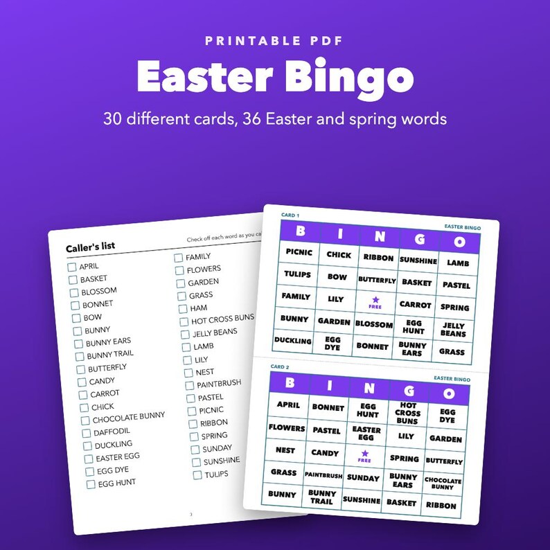 Bingo de Pascua imprimible para niños y fiestas escolares, 30 tarjetas imagen 1
