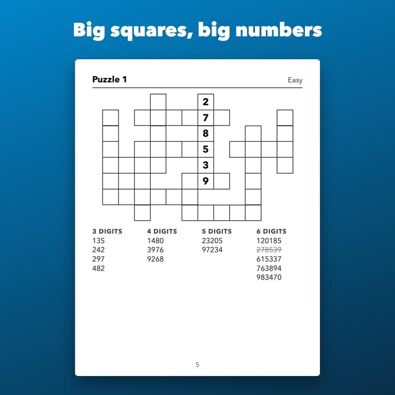 Large Print Number Fill-Ins Printable for Seniors, 60 Puzzles Easy to Hard image 2