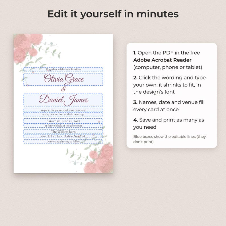 Paquete de plantillas de boda con motivos florales en acuarela, invitación editable, menú, plano de mesas y carteles. imagen 3