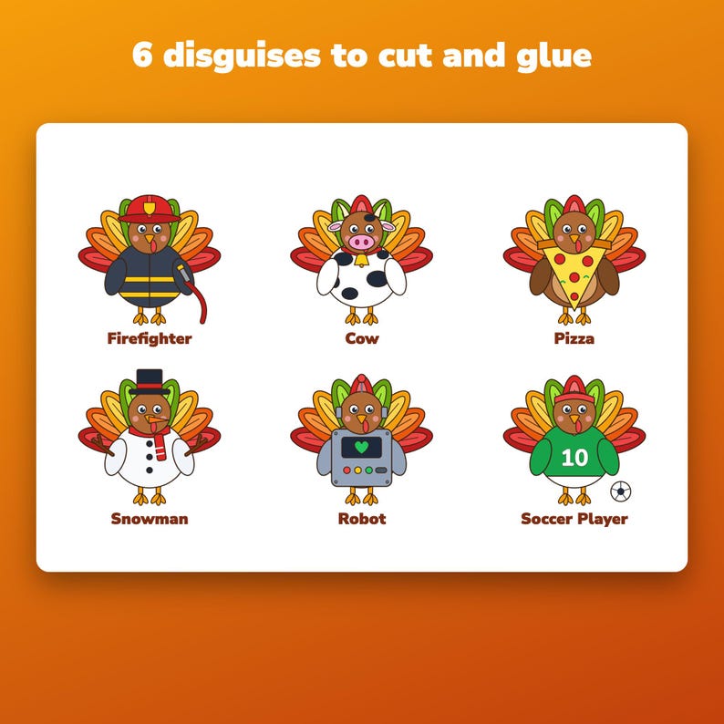 Turkey Disguise Template Printable, 2 Blank Sizes, 6 Costumes, Thanksgiving School Craft image 3