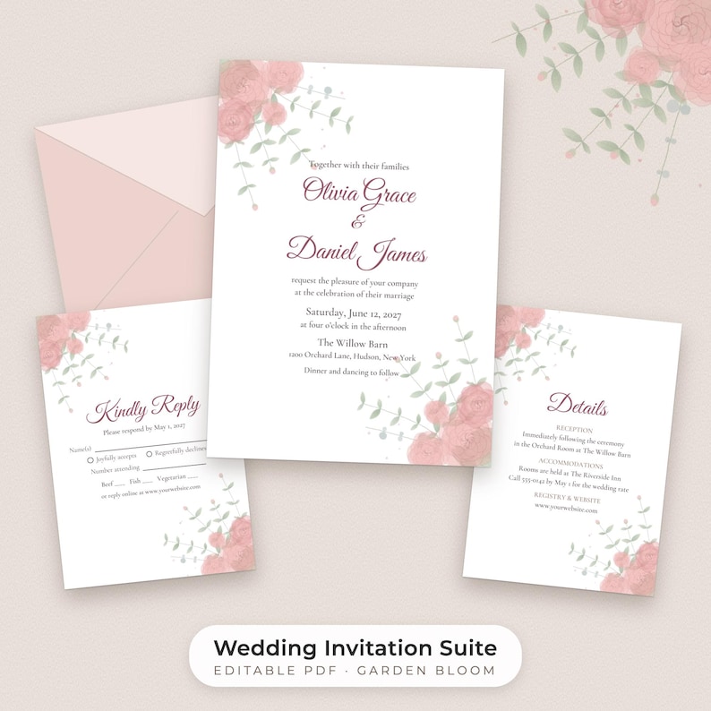 Watercolor Floral Wedding Invitation Suite Template, Editable Reply and Details Cards image 1