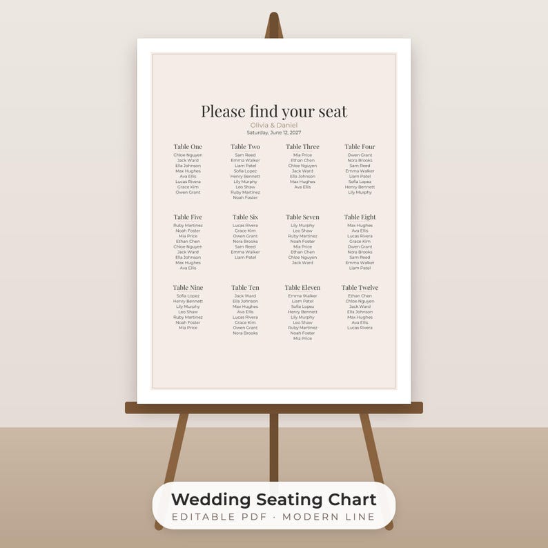 Modern Minimalist Wedding Seating Chart Template, Editable 18x24 and 24x36 Sign image 1