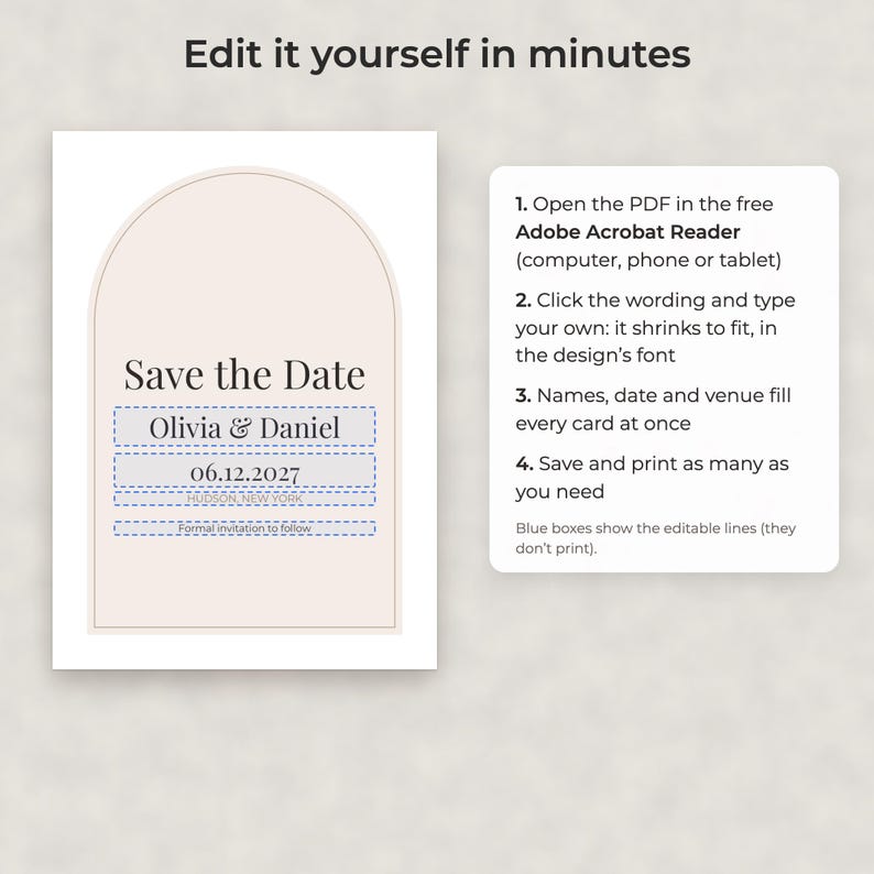 Modello moderno e minimalista per annunciare la data del matrimonio, cartolina PDF modificabile e immagine per telefono. immagine 3