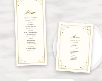 Klassiek gouden trouwmenu-sjabloon, bewerkbaar PDF-bestand in de formaten 4x9 en 5x7.