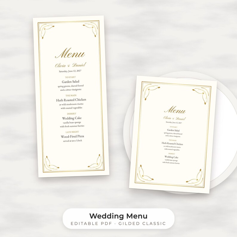 Klassische goldene Hochzeitsmenü-Vorlage, bearbeitbares PDF in den Formaten 4x9 und 5x7 Bild 1