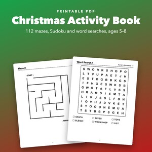 Christmas Activity Book for Kids Ages 5-8, Printable Mazes, Sudoku, Word Search image 1