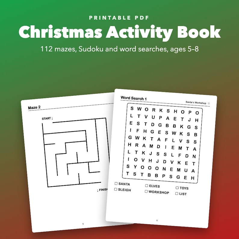 Christmas Activity Book for Kids Ages 5-8, Printable Mazes, Sudoku, Word Search image 1