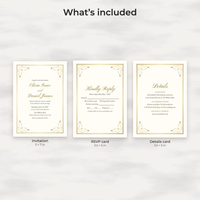 Classic Gold Wedding Invitation Suite Template, Editable Reply and Details Cards image 2