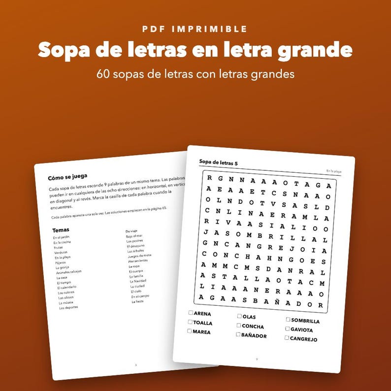 Sopa de letras en letra grande imprimible para mayores, 60 pasatiempos image 1