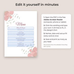 Vorlage für ein Hochzeitsmenü mit Aquarell-Blumenmuster, bearbeitbare PDF-Datei in den Formaten 4x9 und 5x7 Bild 3