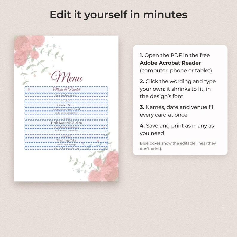 Vorlage für ein Hochzeitsmenü mit Aquarell-Blumenmuster, bearbeitbare PDF-Datei in den Formaten 4x9 und 5x7 Bild 3