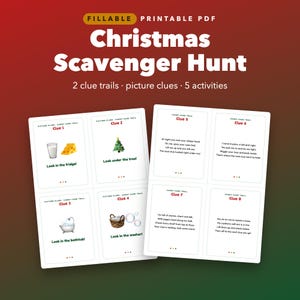 Christmas Scavenger Hunt Printable for Kids, 24 Rhyming Clues and Picture Cards image 1