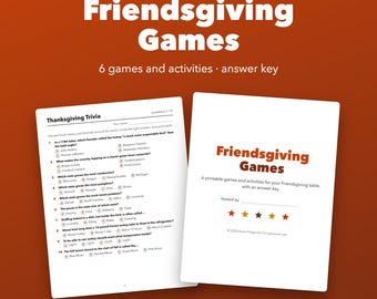 Utskrivbara Friendsgiving-spel, Thanksgiving-quiz, tacksamhetskort, bordsunderlägg för barn