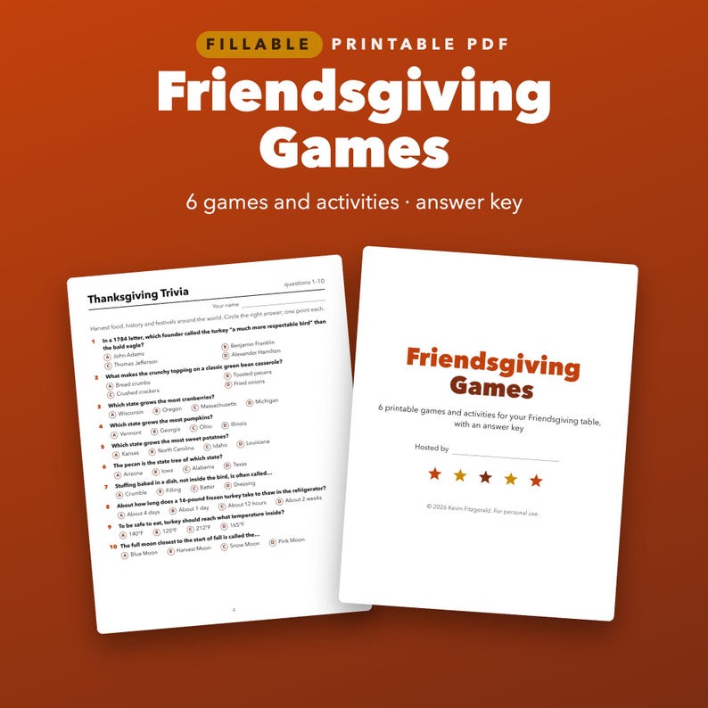 Printbare spelletjes voor Friendsgiving, Thanksgiving-quiz, dankbaarheidskaartjes, placemats voor kinderen afbeelding 1
