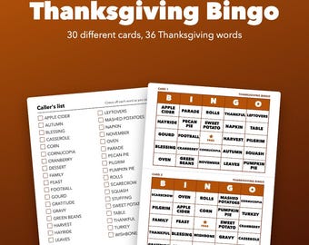 Thanksgiving Bingo Printable Family Game, 30 Different Cards