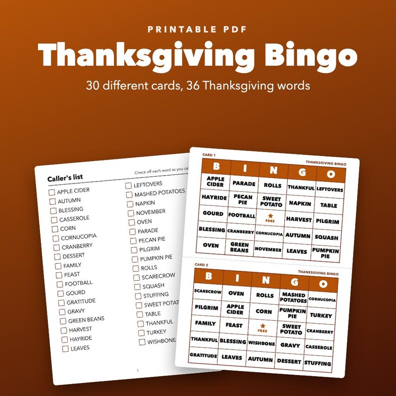 Thanksgiving Bingo Printable Family Game, 30 Different Cards immagine 1