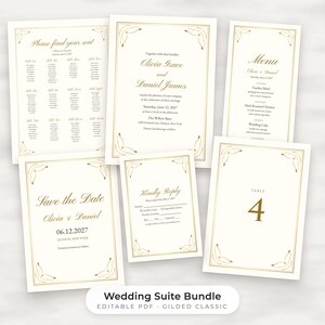 Paquete de plantillas clásicas doradas para bodas, invitación editable, menú, plano de mesas, letreros imagen 1