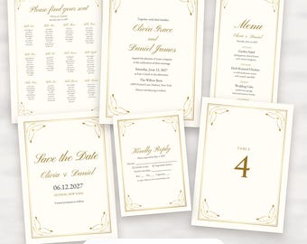 Klassieke gouden trouwsjabloonbundel, bewerkbare uitnodiging, menu, tafelindeling, borden