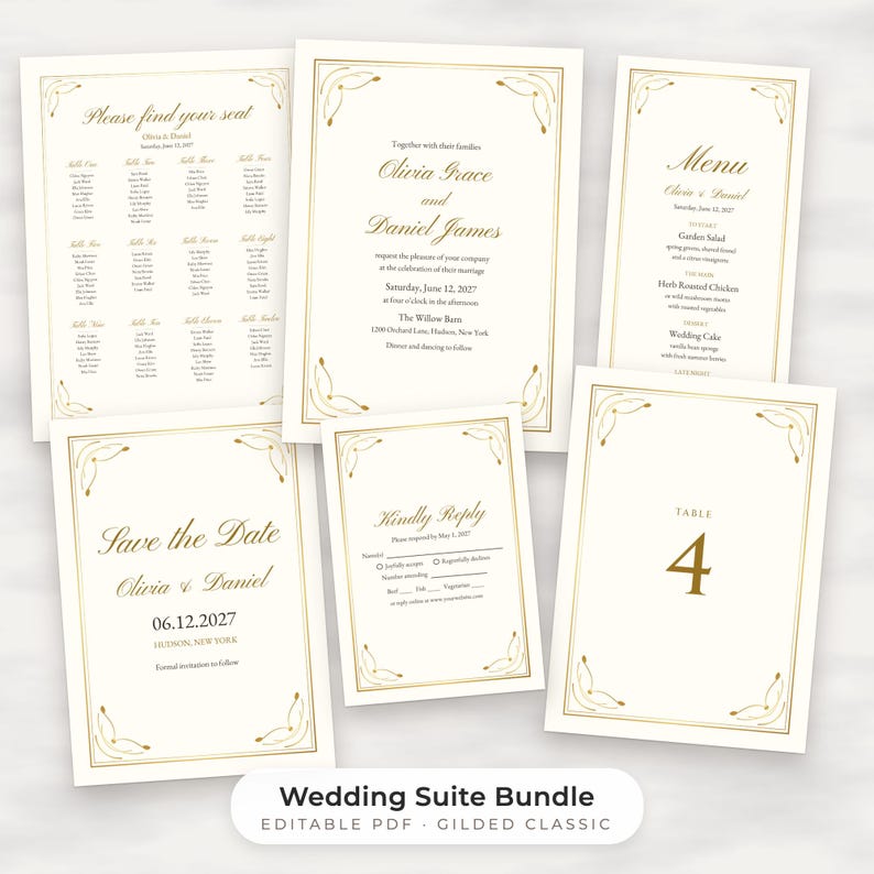 Paquete de plantillas clásicas doradas para bodas, invitación editable, menú, plano de mesas, letreros imagen 1