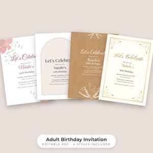 Vorlage für Geburtstagseinladungen für Erwachsene, bearbeitbare PDF-Datei für den 30., 40. und 50. Geburtstag, 4 Designs Bild 1