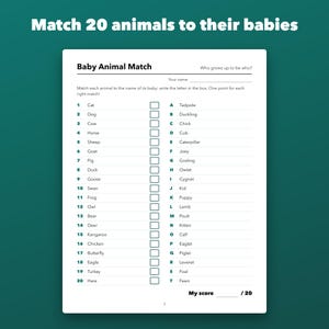 Jeu d'association d'animaux pour bébés à imprimer pour les fêtes prénatales, 20 paires avec corrigé image 2