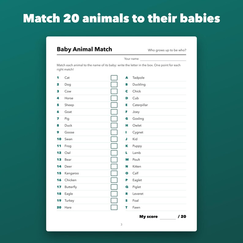 Jeu d'association d'animaux pour bébés à imprimer pour les fêtes prénatales, 20 paires avec corrigé image 2