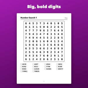 Large Print Number Search Printable for Seniors, 60 Puzzles Easy to Hard immagine 2