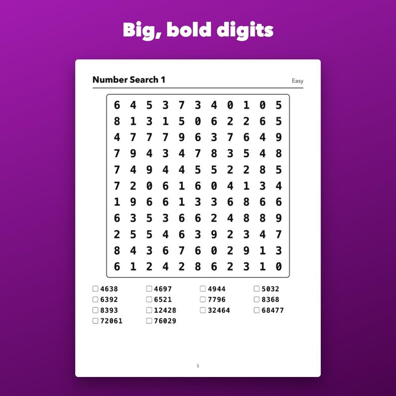 Large Print Number Search Printable for Seniors, 60 Puzzles Easy to Hard immagine 2