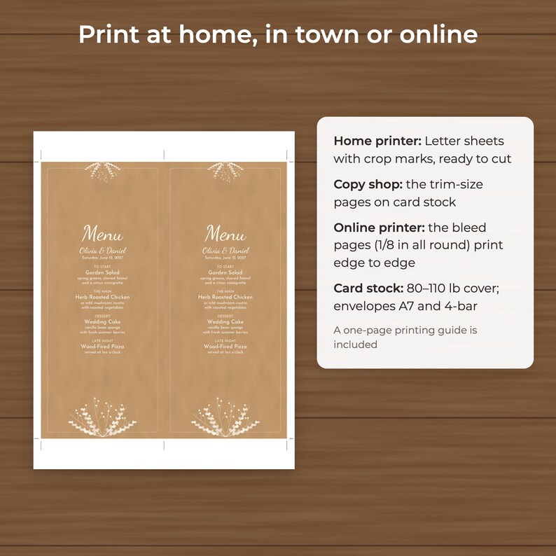 Rustic Kraft Wedding Menu Template, Editable PDF in 4x9 and 5x7 image 4