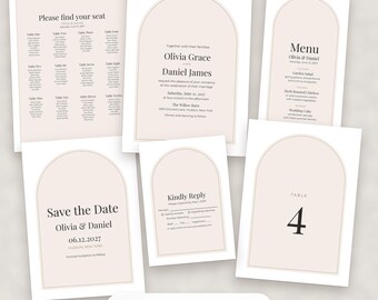 Modern minimalistisch trouwsjabloonpakket, inclusief bewerkbare uitnodiging, menu, tafelindeling en bewegwijzering.