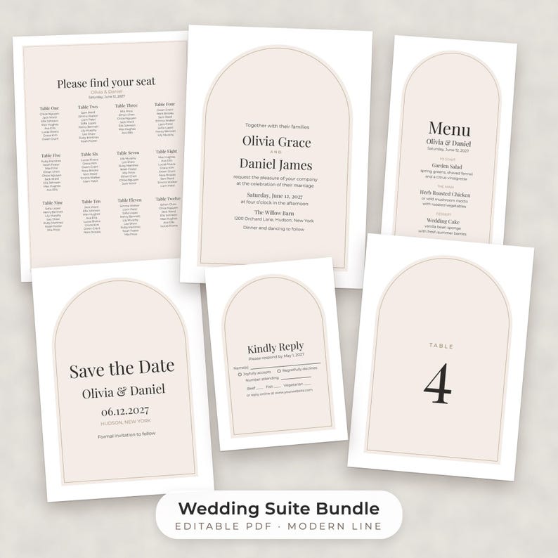 Modern Minimalist Wedding Template Bundle, Editable Invitation, Menu, Seating Chart, Signs image 1