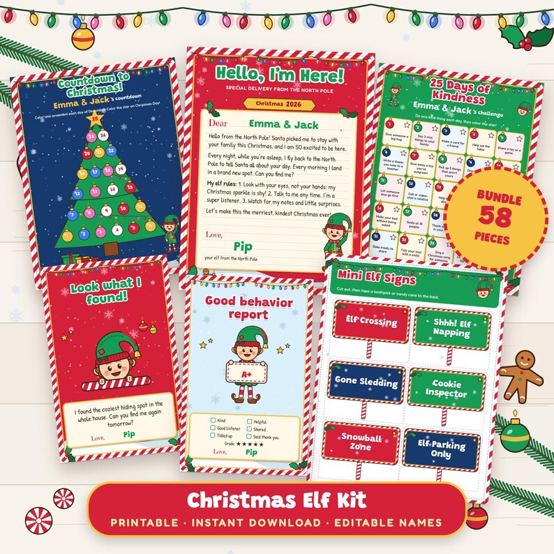Christmas Elf Kit Printable Bundle, Arrival Letter, 28 Notes, Props and Kindness Calendar image 1